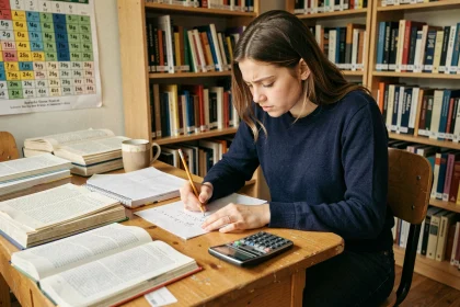 Étudiante en classe préparatoire MP assise à son bureau, concentrée sur des exercices de mathématiques et physique