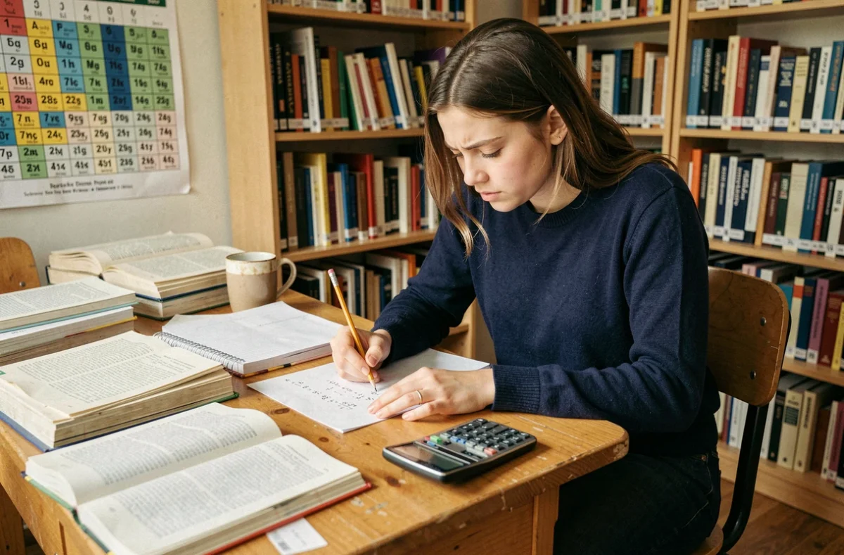 Étudiante en classe préparatoire MP assise à son bureau, concentrée sur des exercices de mathématiques et physique