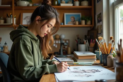 Étudiante en art préparant son dossier pour le concours des Gobelins Paris avec des croquis et illustrations sur un bureau de studio