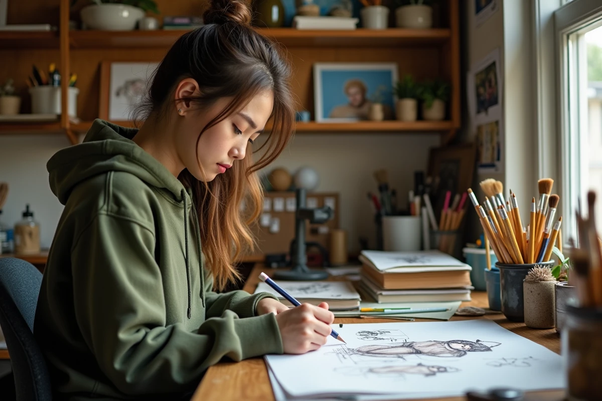 Étudiante en art préparant son dossier pour le concours des Gobelins Paris avec des croquis et illustrations sur un bureau de studio