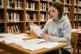 Étudiante préparant un exposé oral à la bibliothèque universitaire avec des fiches de révision imprimées