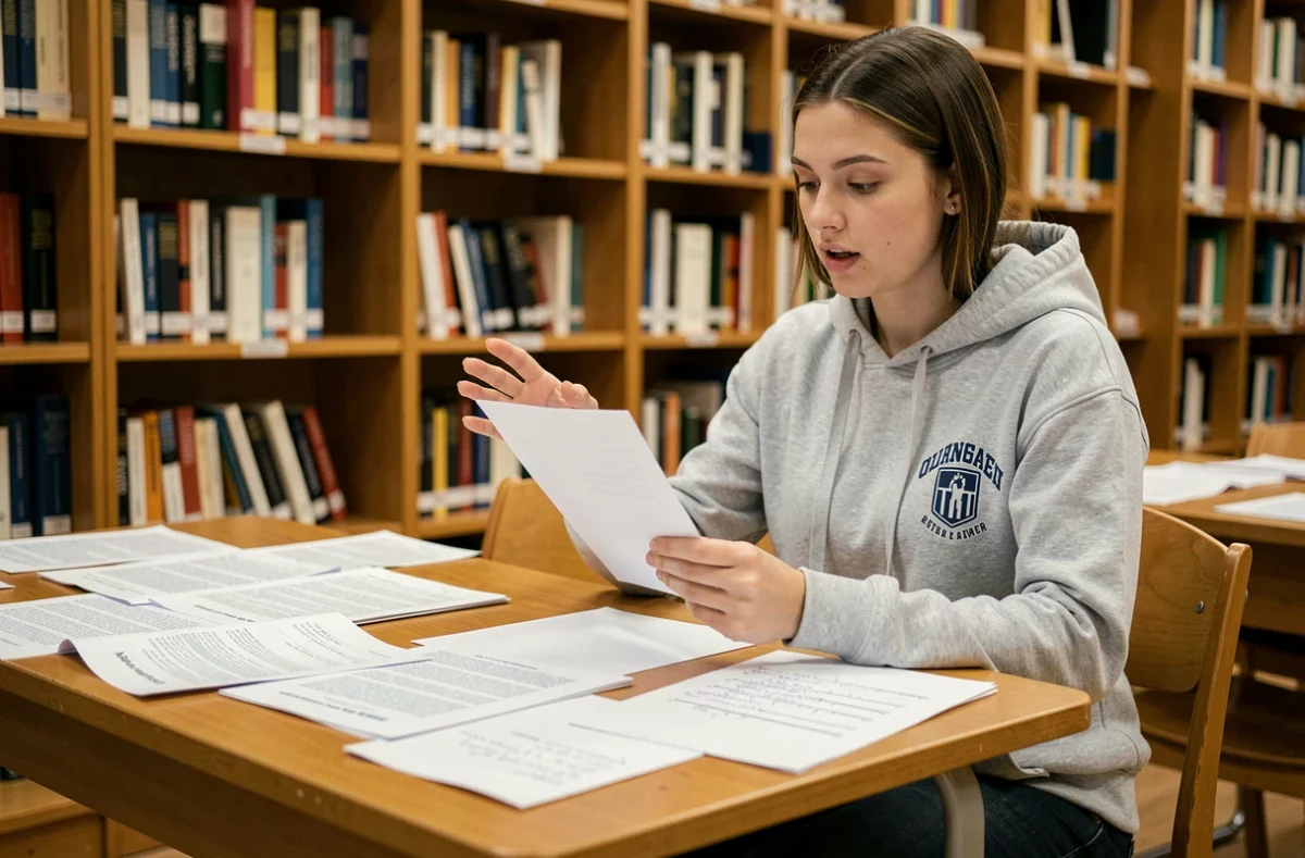 Étudiante préparant un exposé oral à la bibliothèque universitaire avec des fiches de révision imprimées