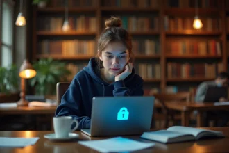 Étudiante frustrée face à une erreur de connexion sur le portail Econdidat Paris 8 dans une bibliothèque universitaire