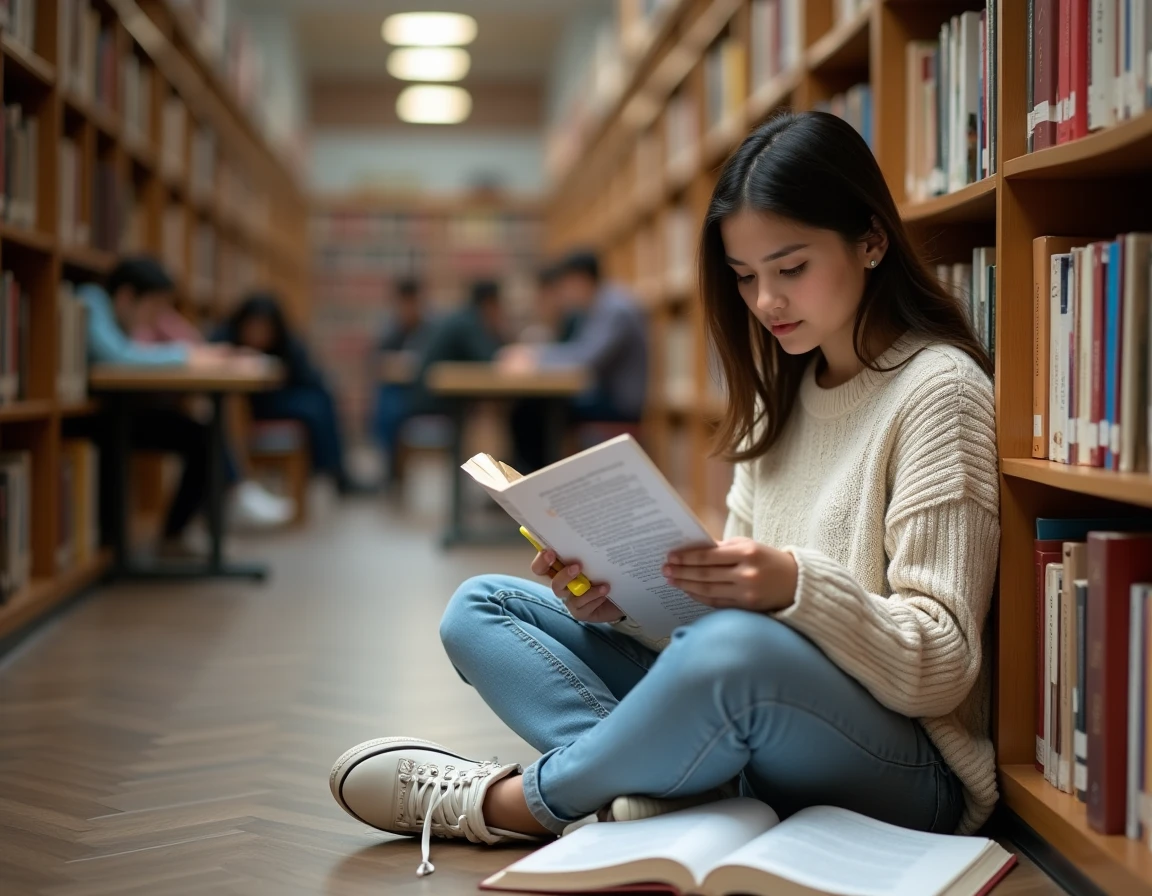 Étudiante révisant un PDF d'exercices corrigés sur les classes grammaticales dans une bibliothèque universitaire