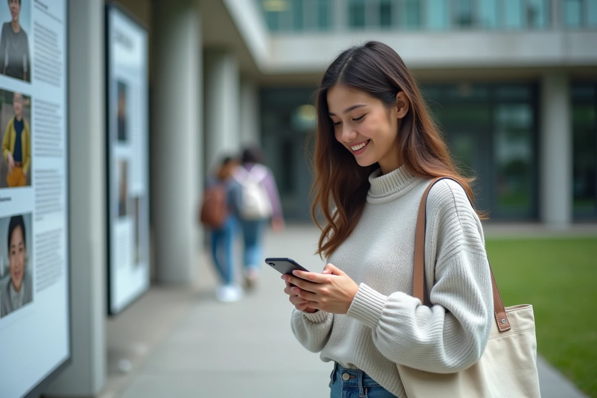 Étudiante consultant les informations d'associations universitaires sur son smartphone devant un panneau d'affichage