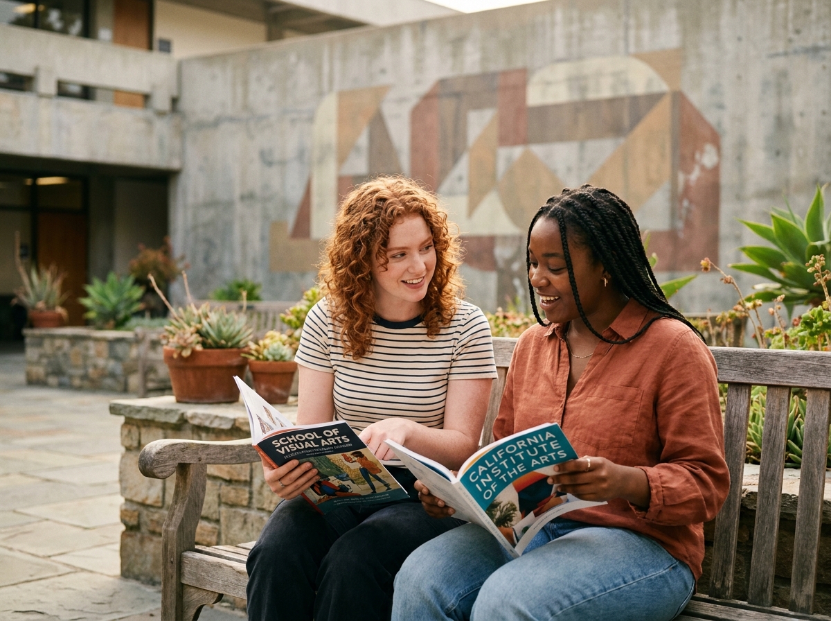 Deux étudiantes comparant des catalogues d'écoles d'illustration dans la cour d'un campus artistique