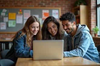 Étudiants consultant les informations BDE sur un ordinateur portable dans un salon de campus moderne