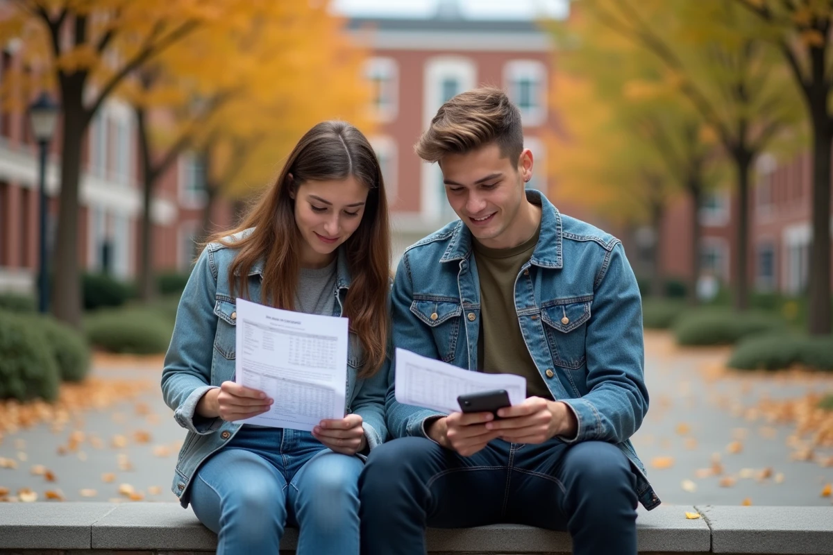 Deux étudiants comparant leurs relevés de notes et calculant leurs moyennes sur le campus universitaire en automne