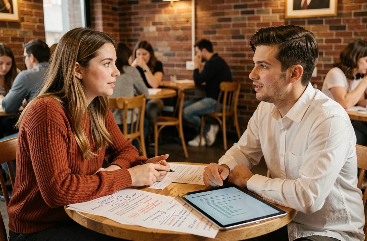 Deux étudiants en session d'entraînement oral en binôme dans un café avec des documents de révision