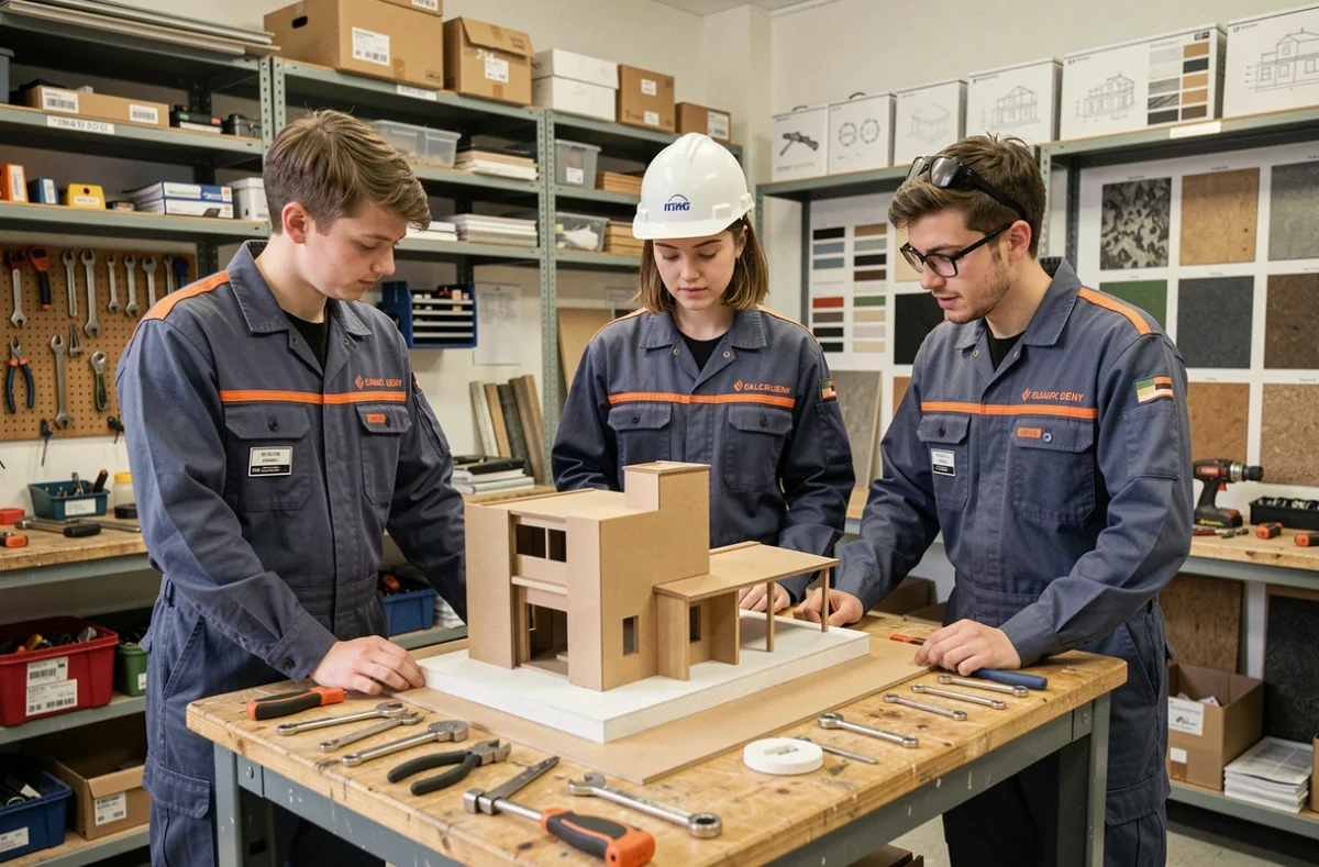 Étudiants en formation BTP autour d'une maquette architecturale dans un atelier pédagogique