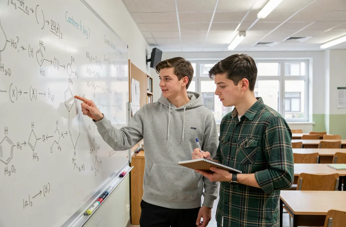 Deux étudiants en prépa PC ou PSI travaillant ensemble au tableau blanc sur des équations chimiques et des schémas de physique