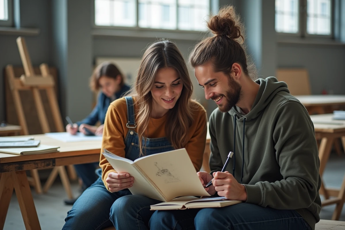 Deux étudiants en art révisant ensemble un portfolio imprimé dans un atelier préparatoire au concours des Gobelins