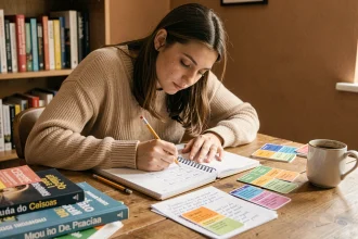 Jeune femme étudiant la conjugaison de l'imparfait en espagnol à son bureau avec des manuels et des fiches de révision