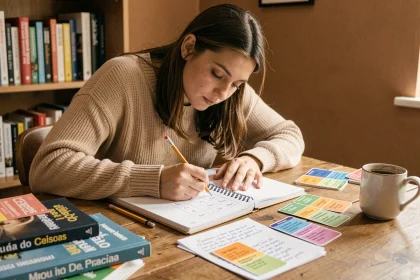 Jeune femme étudiant la conjugaison de l'imparfait en espagnol à son bureau avec des manuels et des fiches de révision
