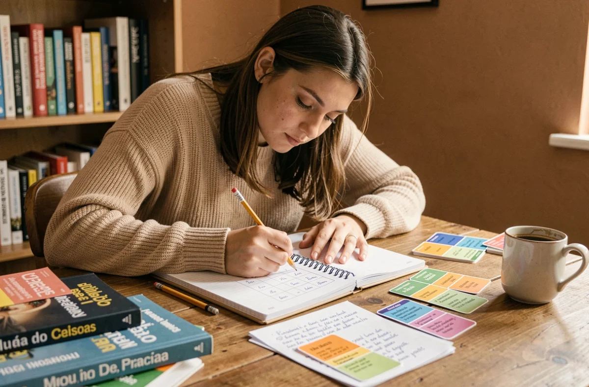 Jeune femme étudiant la conjugaison de l'imparfait en espagnol à son bureau avec des manuels et des fiches de révision