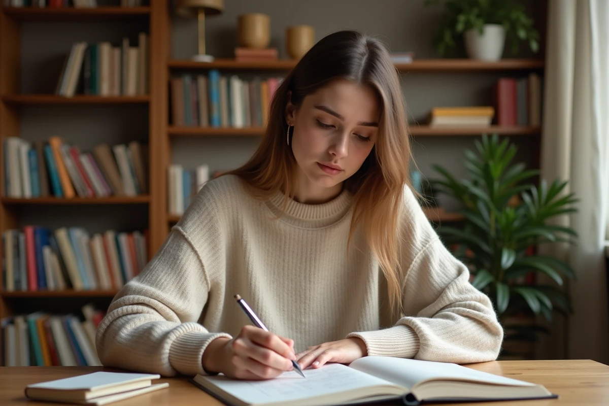 Jeune femme étudiant l'imparfait espagnol dans un carnet de conjugaison à son bureau
