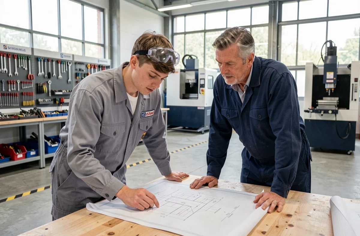 Apprenti et mentor consultant des plans techniques dans l'atelier de la Faculté des Métiers de l'Essonne