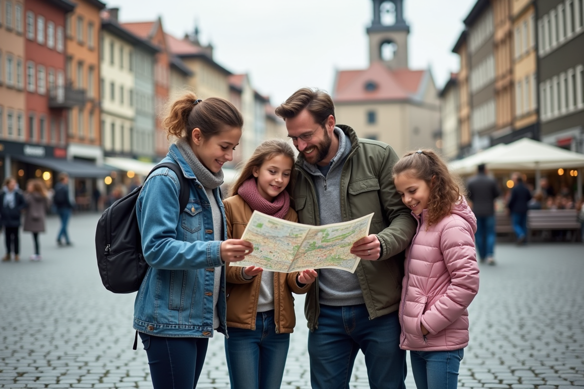 Famille consultant une carte dans une place européenne animée
