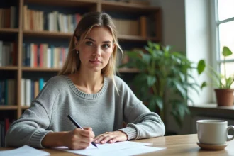 Femme adulte concentrée qui passe un test de QI papier à son bureau à domicile