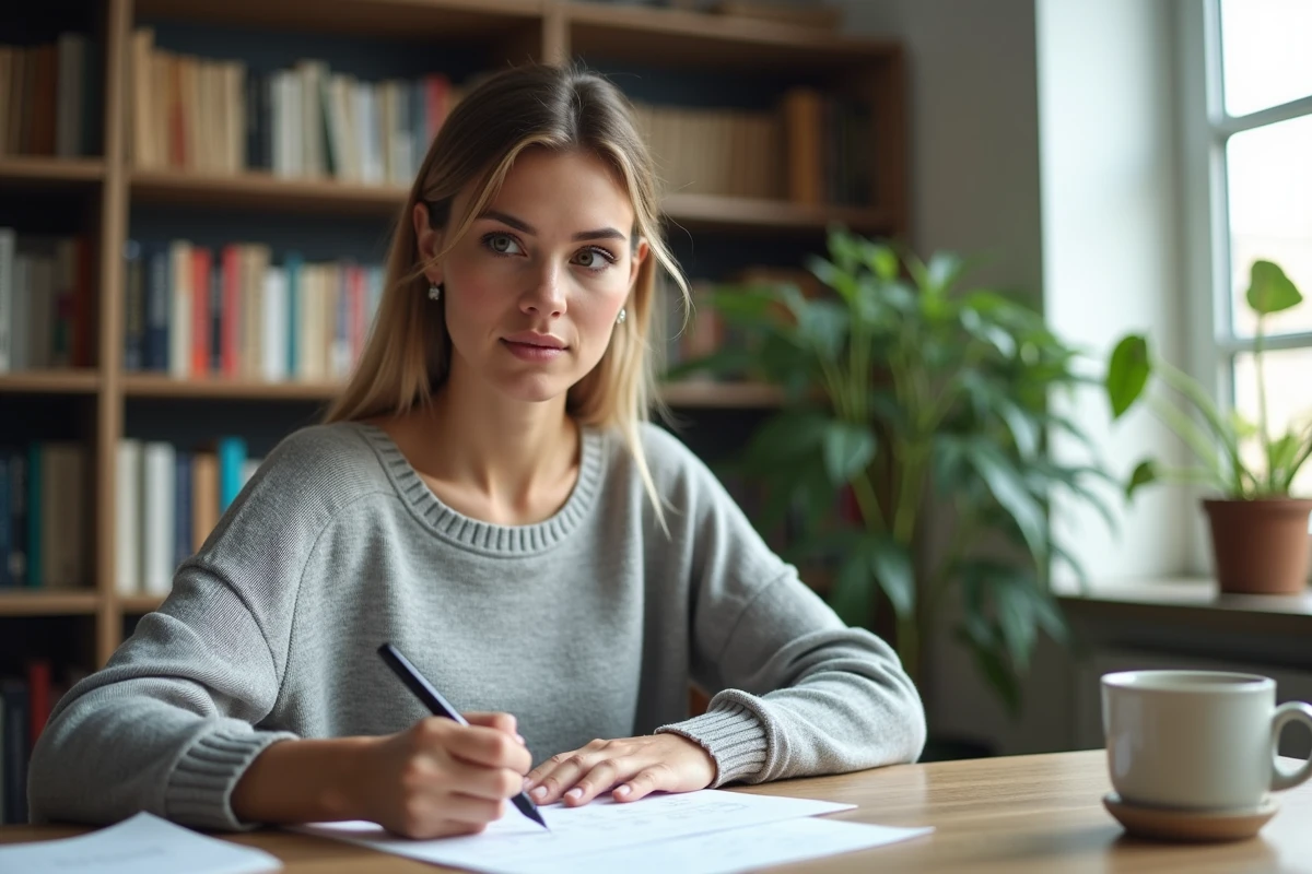 Femme adulte concentrée qui passe un test de QI papier à son bureau à domicile
