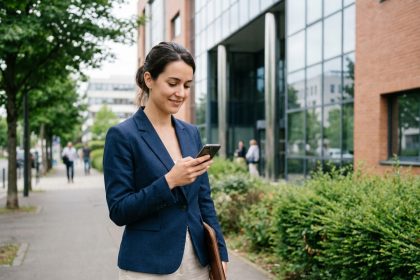 Jeune femme en blazer navy devant bâtiment moderne à Gennevilliers