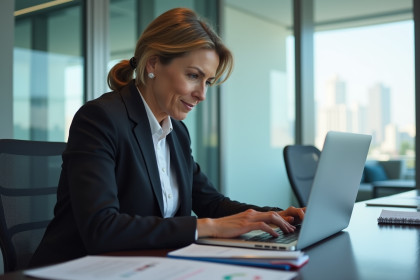 Femme d affaires en costume tenant une invitation de formation