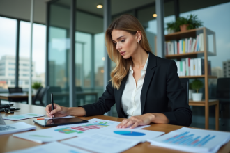 Femme en blouse et blazer analyse un graphique de données