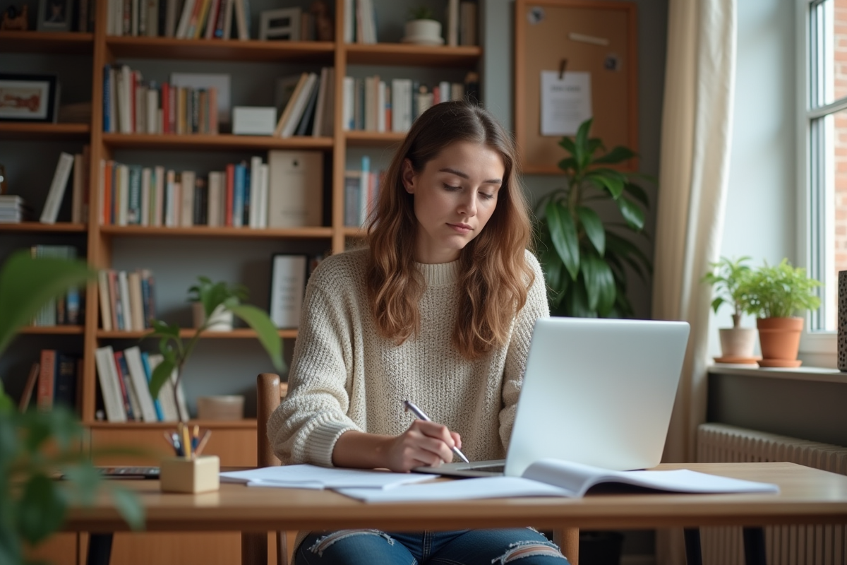 Jeune femme concentrée en formation à domicile