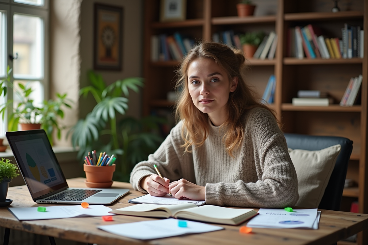 Femme adulte travaillant à son bureau à la maison