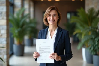 Femme confiante tenant un certificat dans un bureau moderne