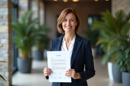 Femme confiante tenant un certificat dans un bureau moderne