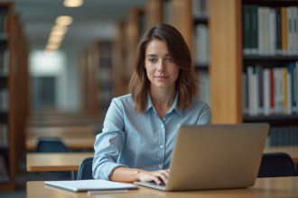 Femme concentrée à la bibliothèque universitaire