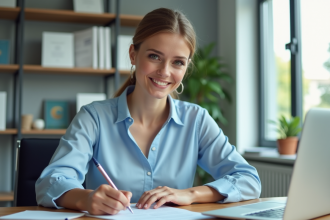 Femme professionnelle en bureau remplissant des documents de certification