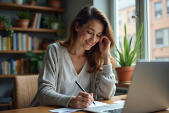 Femme en bureau à domicile travaillant sur son ordinateur