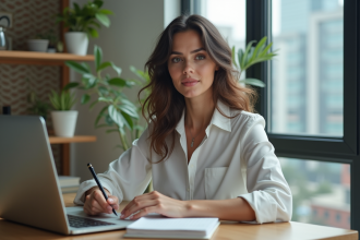 Femme en bureau moderne travaillant sur un ordinateur portable