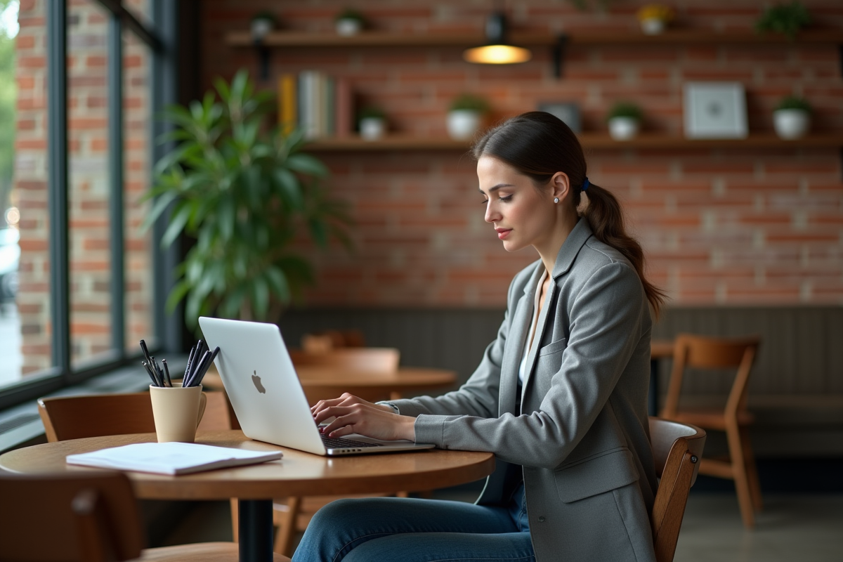 Jeune femme travaillant seule au café avec ordinateur portable