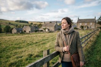 Jeune femme en campagne avec ordinateur portable