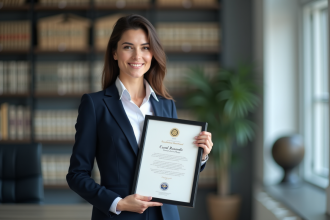 Femme confiante tenant un certificat dans un bureau moderne