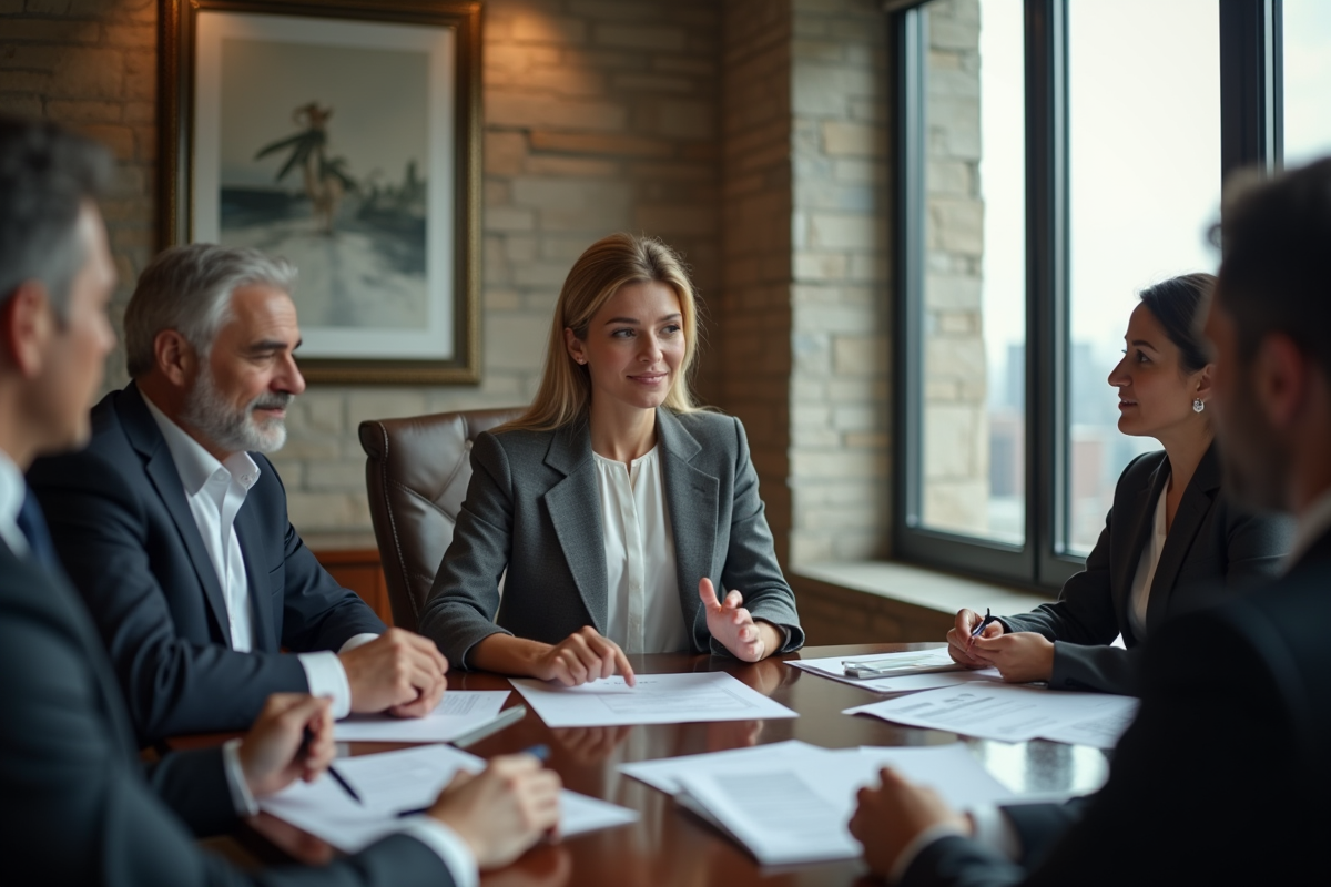 Femme CFO en réunion avec équipe dans une salle de conseil