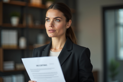 Femme professionnelle tenant un contrat dans un bureau moderne