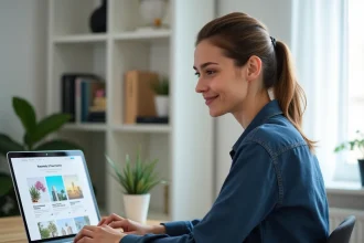 Femme utilisant Canva sur son ordinateur portable pour créer une newsletter professionnelle dans un bureau à domicile