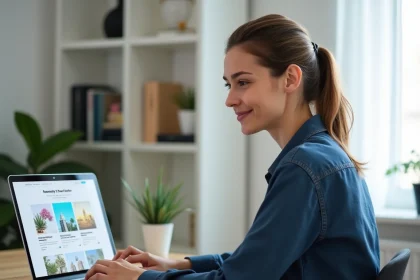 Femme utilisant Canva sur son ordinateur portable pour créer une newsletter professionnelle dans un bureau à domicile