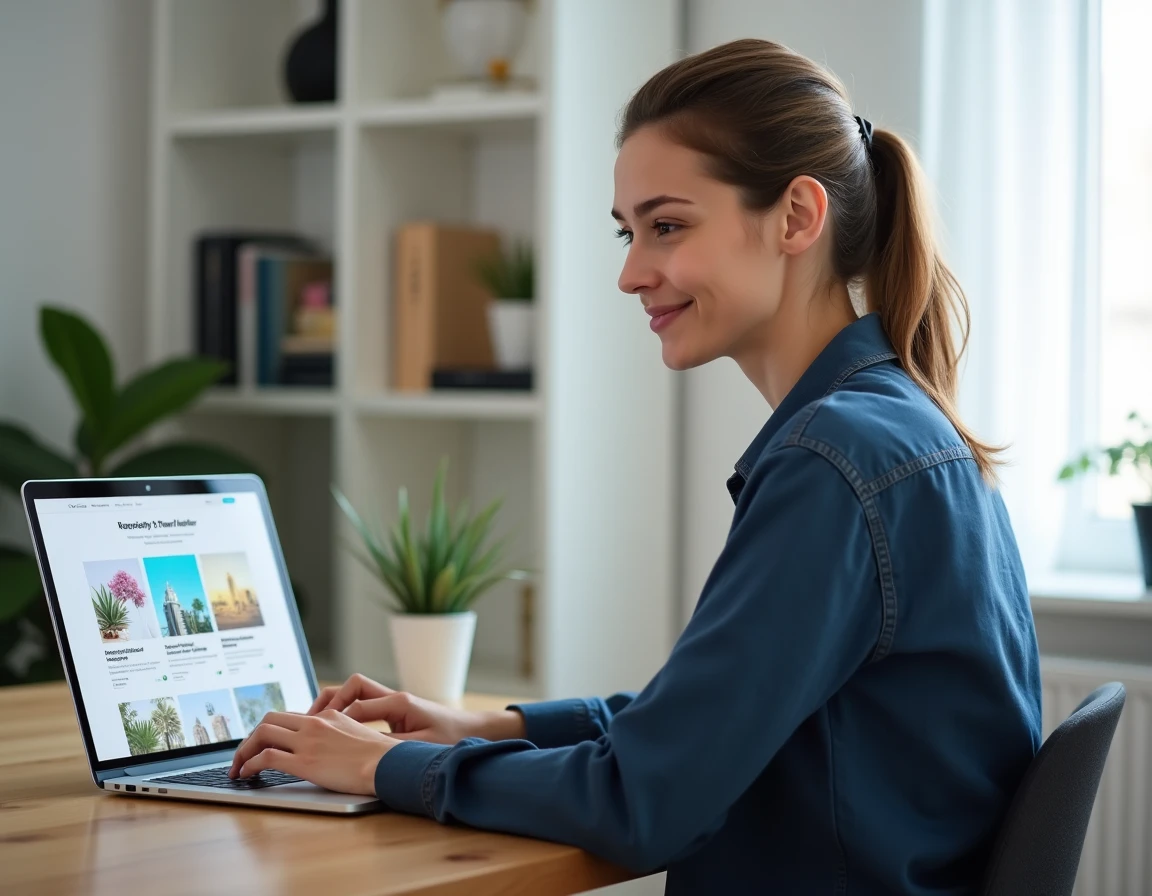 Femme utilisant Canva sur son ordinateur portable pour créer une newsletter professionnelle dans un bureau à domicile