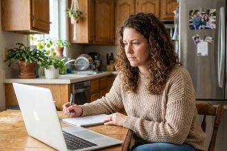 Femme concentrée à la cuisine avec ordinateur et notes