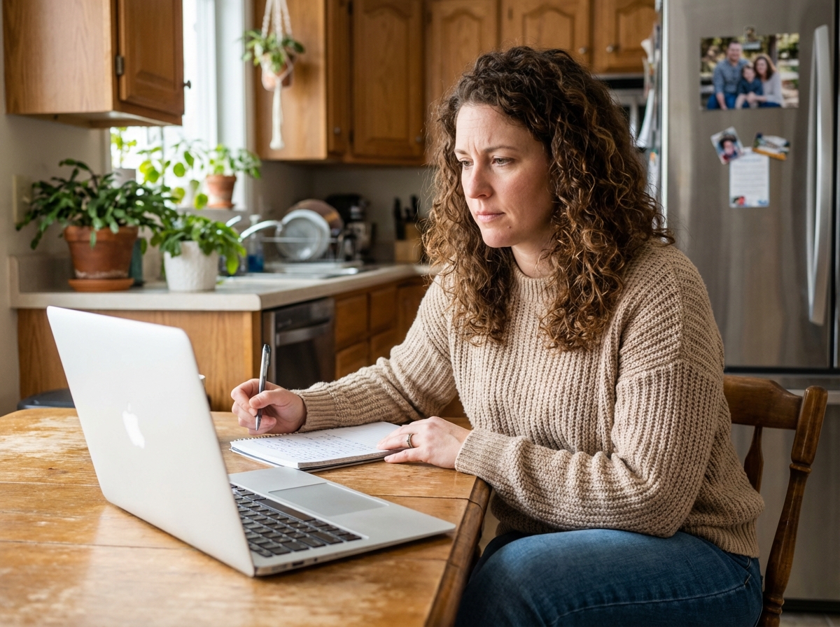 Femme concentrée à la cuisine avec ordinateur et notes