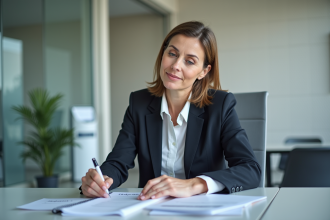 Femme d'affaires examinant des documents dans un bureau lumineux