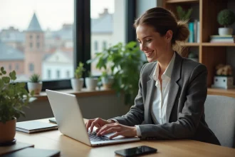 Femme entrepreneure souriante travaillant sur Canva dans son bureau