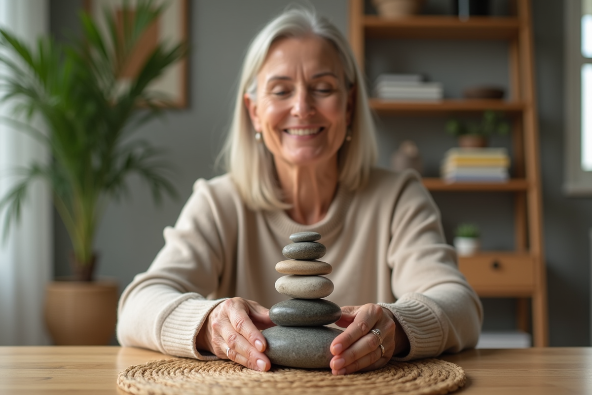 Femme arrangeant des pierres en équilibre sur une table intérieure