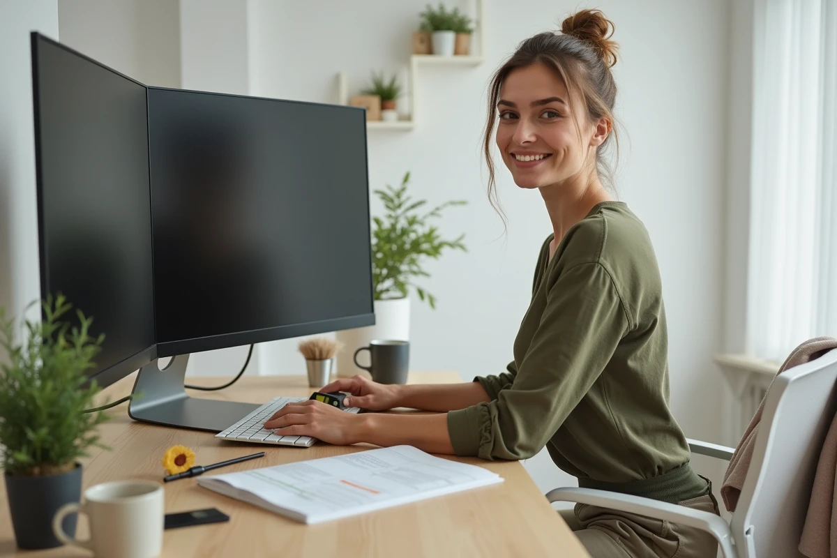 Femme suivant une formation bricolage CPF à distance depuis son bureau à la maison avec des outils et un manuel de cours
