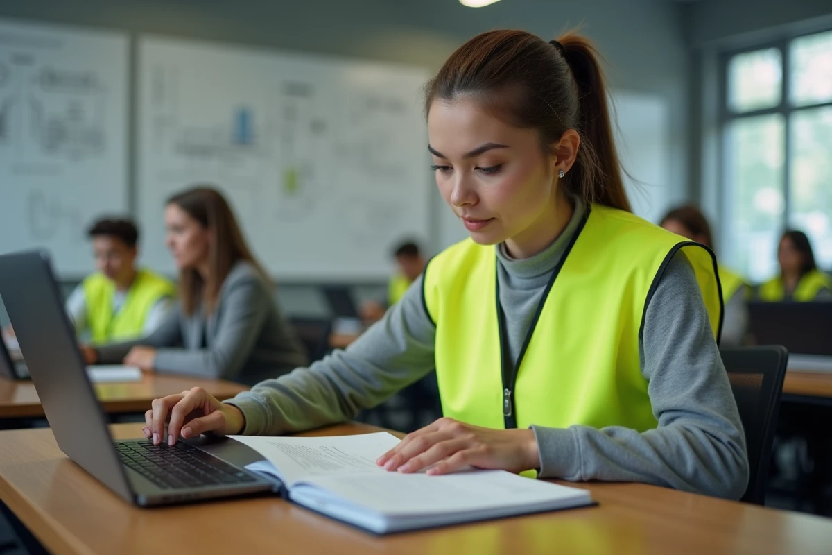 Femme en formation BTP étudiant un livret de certification professionnelle en salle de cours